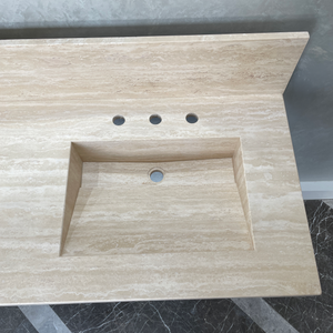 Handcrafted Vein Cut Travertine Sink: Custom Beige Bathroom Vanity (TR-117)
