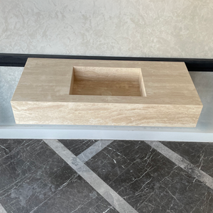 Handmade Vein Cut Travertine Sink: Custom Beige Bathroom Vanity (TR-094)