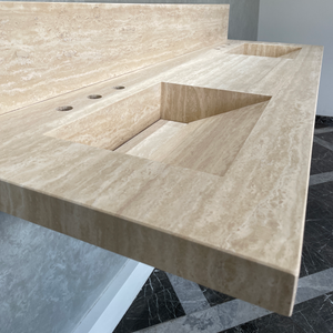 Handcrafted Vein Cut Travertine Sink: Custom Beige Bathroom Vanity (TR-117)