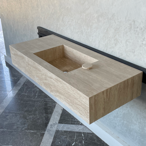 Handmade Vein Cut Travertine Sink: Custom Beige Bathroom Vanity (TR-094)