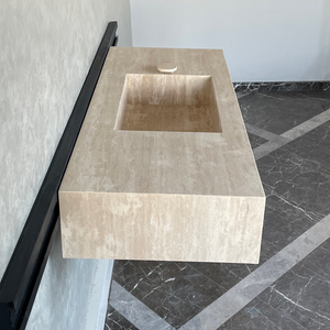Handmade Vein Cut Travertine Sink: Custom Beige Bathroom Vanity (TR-094)