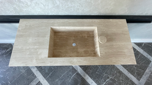 Handmade Vein Cut Travertine Sink: Custom Beige Bathroom Vanity (TR-094)