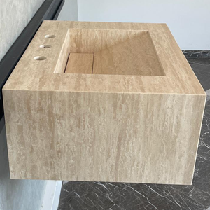 Handmade Vein Cut Travertine Sink: Custom Beige Bathroom Vanity (TR-046)