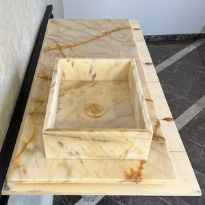 Custom Calacatta Gold Marble Sink – Handmade Natural Stone Bathroom Basin, Luxury Goldish Marble Vanity Top, Countertop and Sink (NS-084)