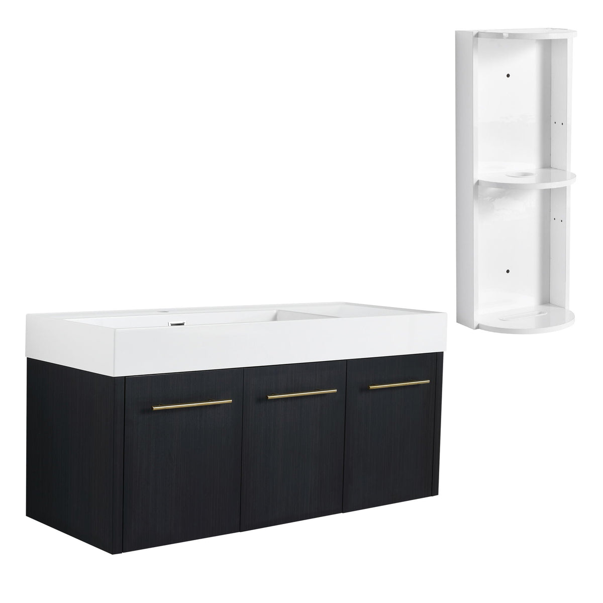 Modern Chestnut Wall Mounted Bathroom Vanity with Left Resin Sink and Storage Rack - Black Chestnut