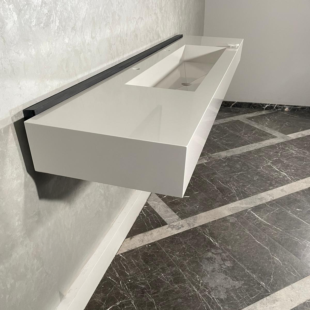 Custom White Quartz Large Bathroom Trough Sink: Wall Mount Vanity (QU-095)