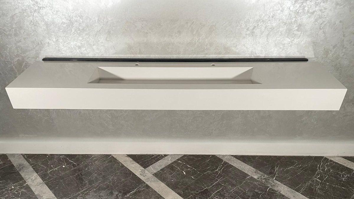 Custom White Quartz Large Bathroom Trough Sink: Wall Mount Vanity (QU-095)