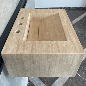 Handmade Vein Cut Travertine Sink: Custom Beige Bathroom Vanity (TR-046)