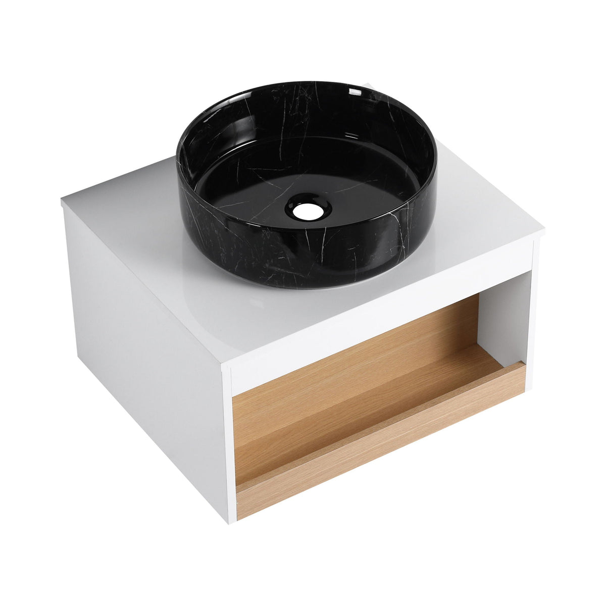 Floating Bathroom Vanity with Vessel Sink and Open Shelf - Black