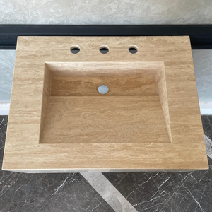 Handmade Vein Cut Travertine Sink: Custom Beige Bathroom Vanity (TR-046)