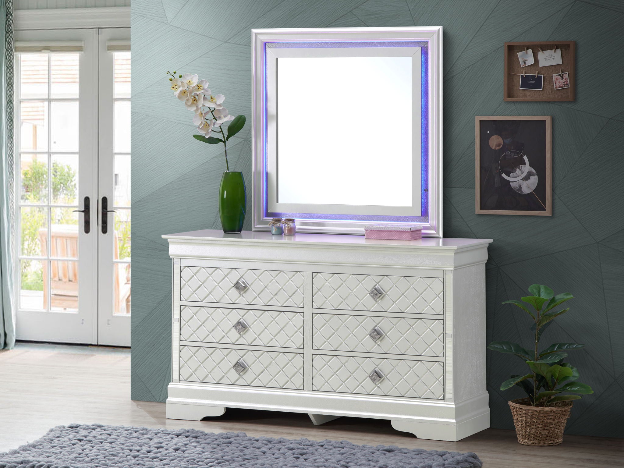 Verona Dresser with Embossed X Design - Gray, Black, or Pearl Silver