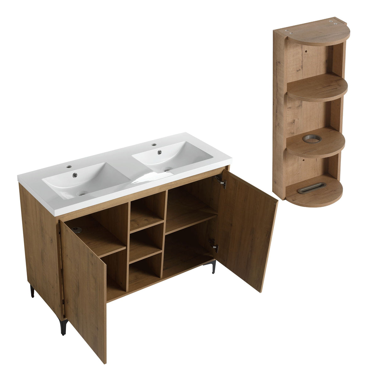 48" Freestanding Bathroom Vanity with Double Resin Sink and Storage Rack - Imitative Oak