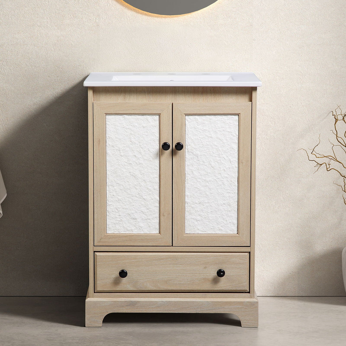 Brown Bathroom Vanity with Ceramic Basin, 1 Drawer Free Standing Storage