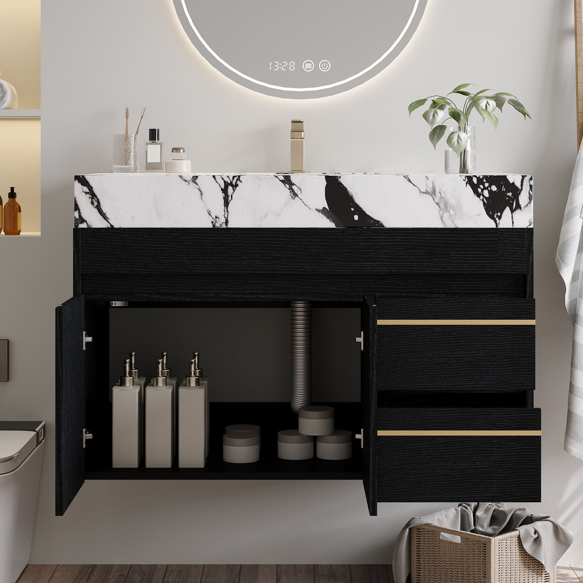 36" Floating Bathroom Vanity with Ceramic Sink and Faux Marble Top - White