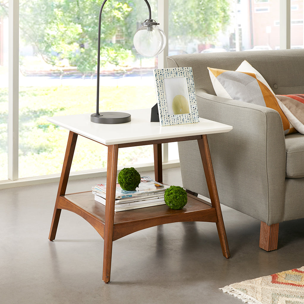 Off-White and Pecan Wood End Table with Shelf - 24" W x 24" D x 22" H