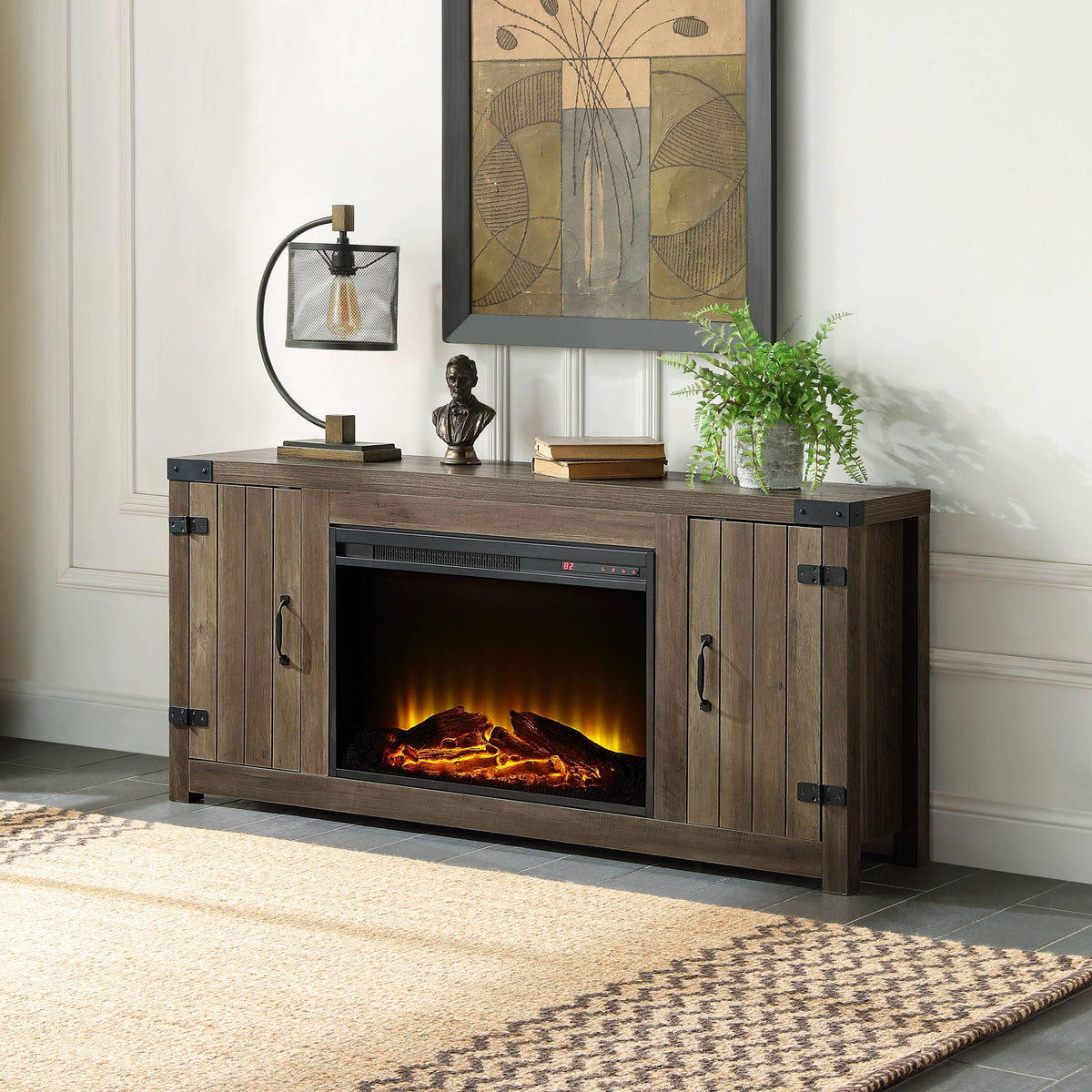 Oak Rustic Fireplace with Storage - Oak / Rustic