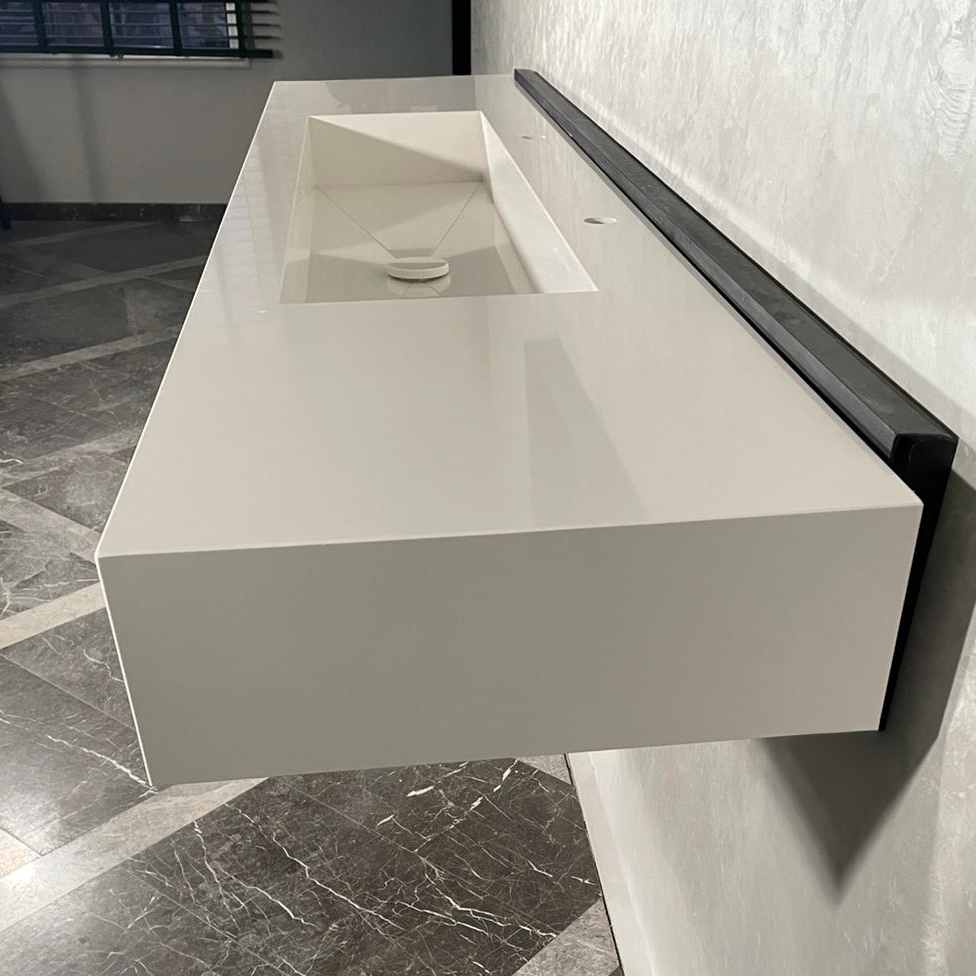 Custom White Quartz Large Bathroom Trough Sink: Wall Mount Vanity (QU-095)