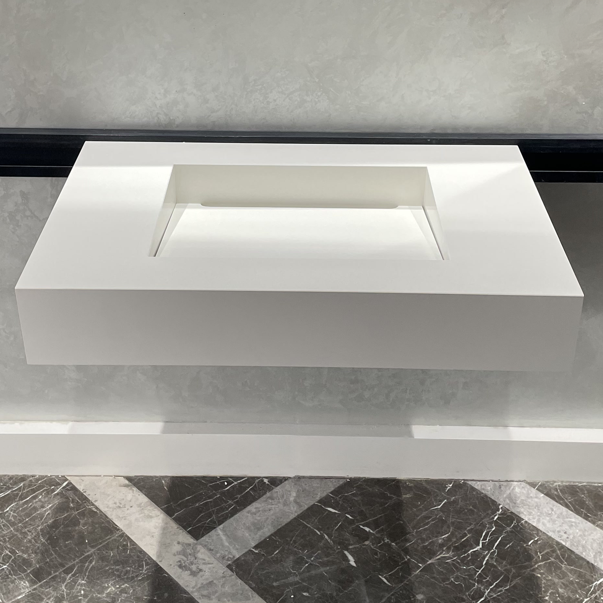 Handcrafted White Quartz Bathroom Vanity Sink With A Removable Ramp Cover Plate: Wall Mount or Vanity Top (QU-049)