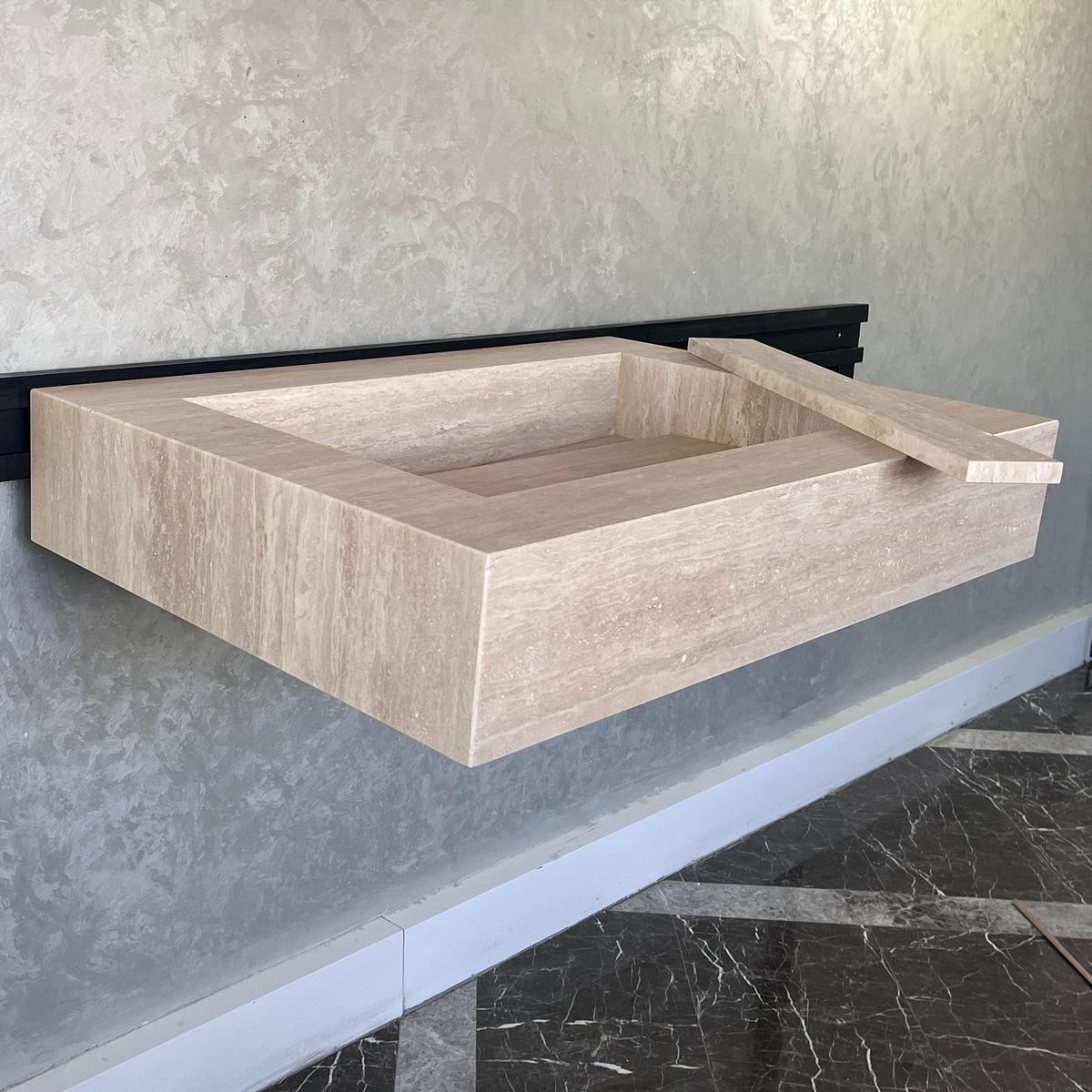 Custom Travertine Sink, Handmade Custom Beige Travertine Sink, Vein Cut Travertine Vanity (TR-066)