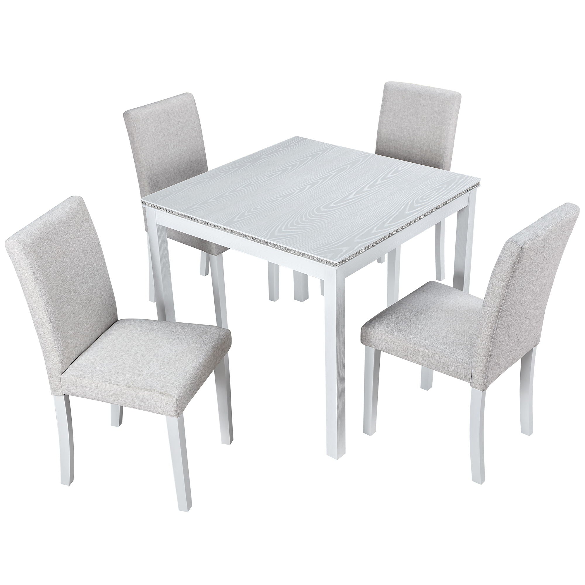 Dining Table Set with Crystal Decoration and Upholstered Chairs - Gray or White