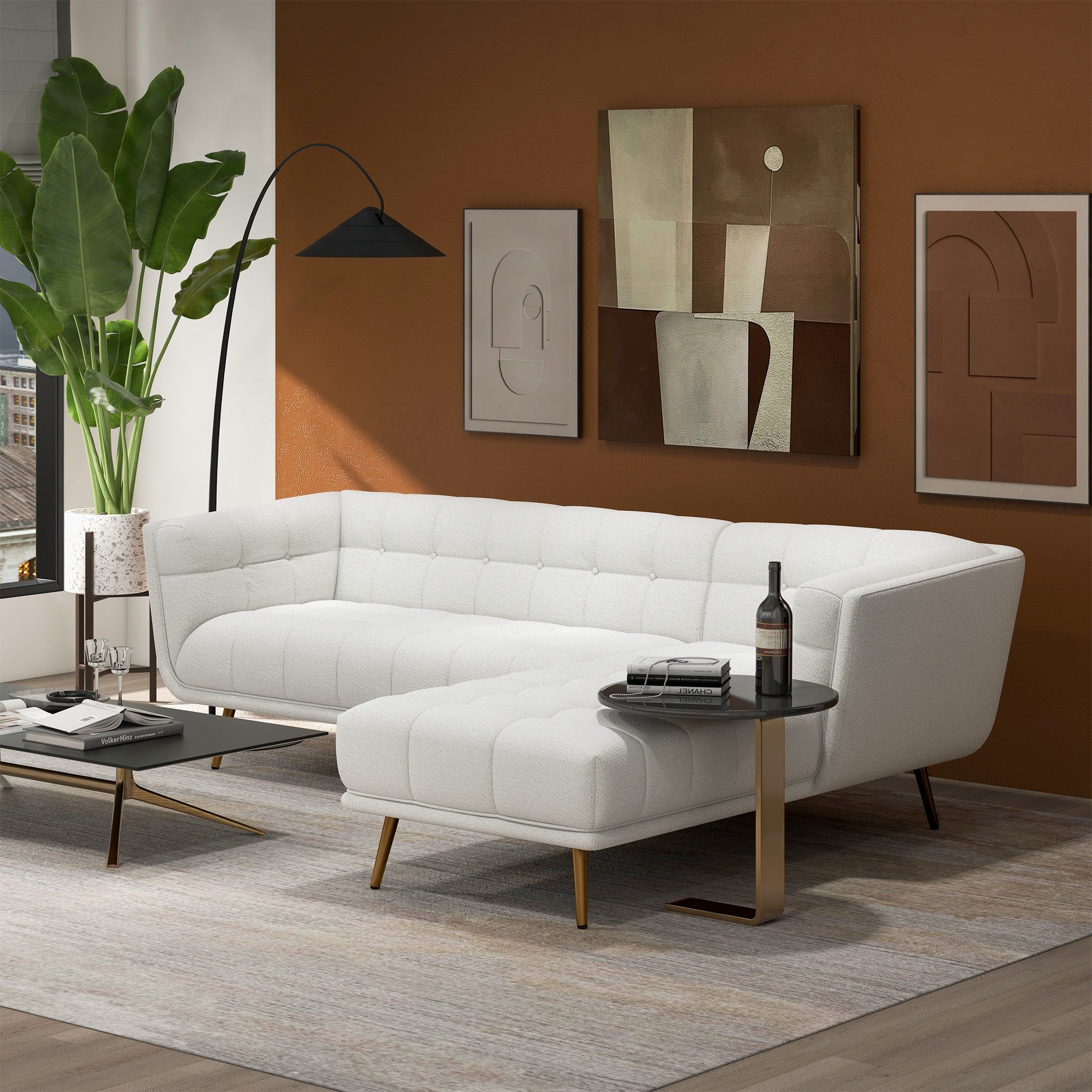 L Shape Sectional Sofa Tufted with Mid-Century Modern Design - Dark Gray or Beige