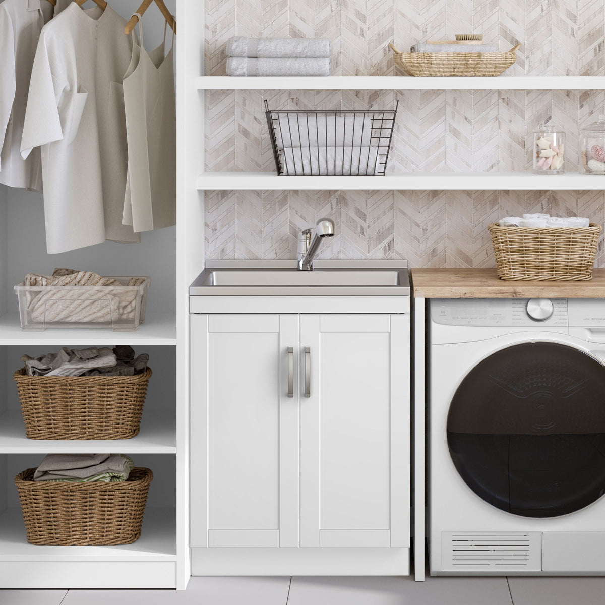 White Laundry Cabinet with Stainless Steel Sink and Pull-Out Faucet