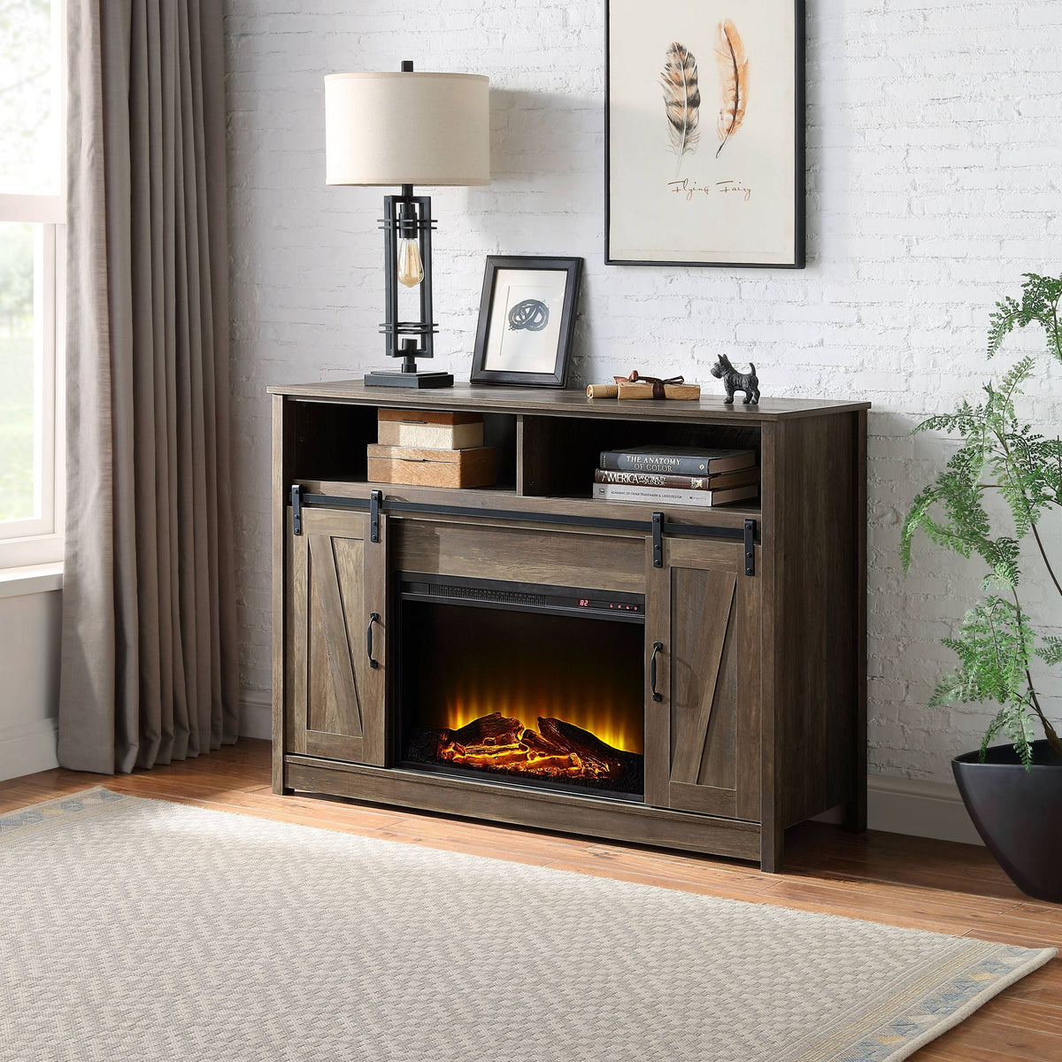 Oak Fireplace with Shelf Storage - Electric Heating, 4777 BTU