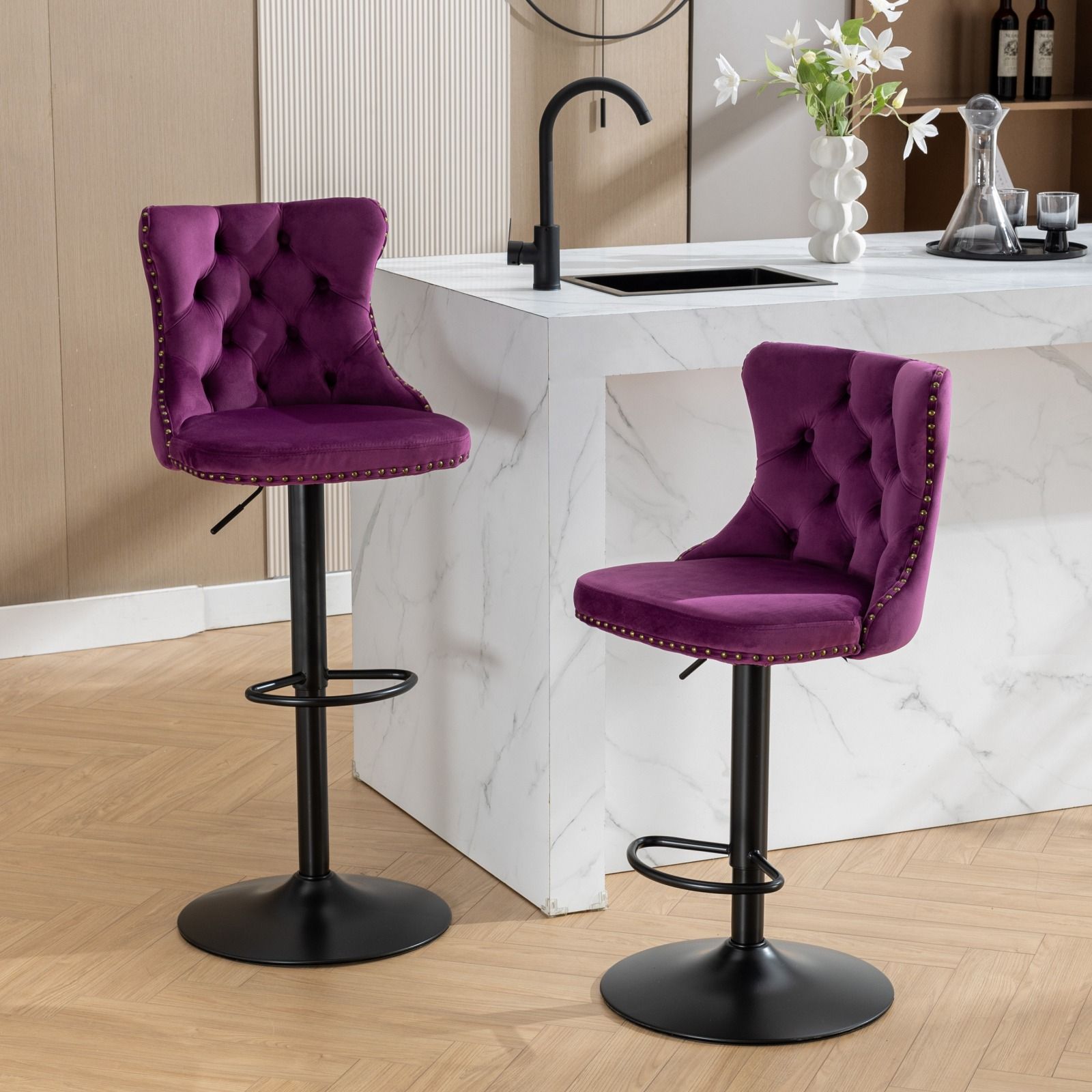 Modern Adjustable Swivel Barstools with Tufted Back - Multiple Colors (Set of 2)