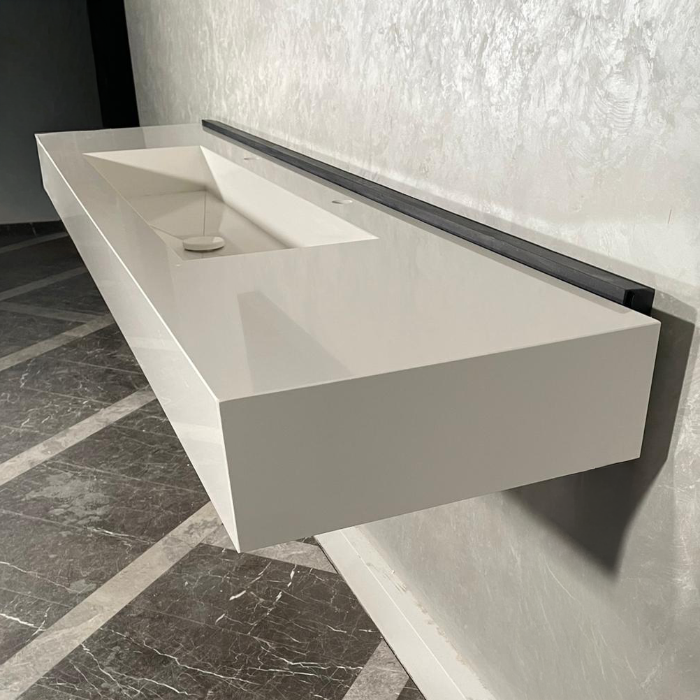 Custom White Quartz Large Bathroom Trough Sink: Wall Mount Vanity (QU-095)