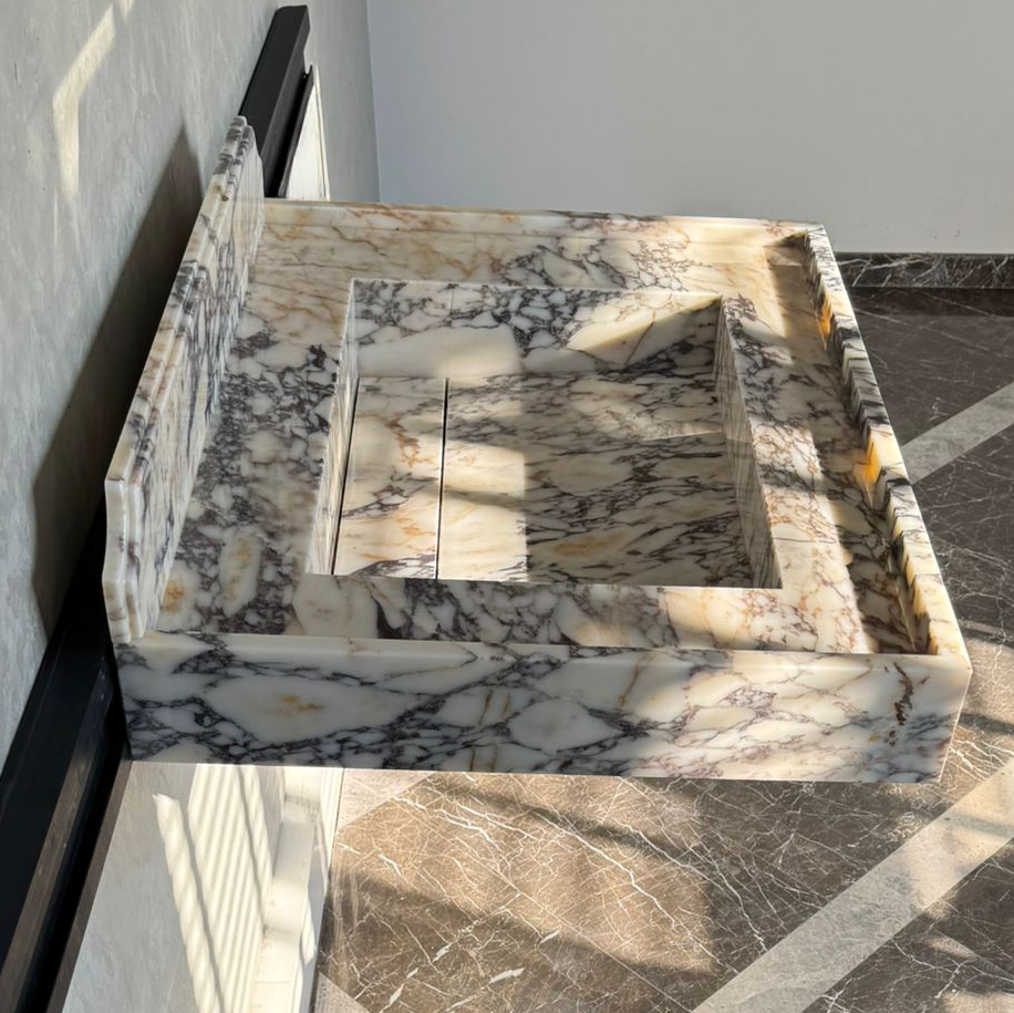Handcrafted Calacatta Viola Marble Sink With Backsplash: Custom Bathroom Vanity (NS-065)