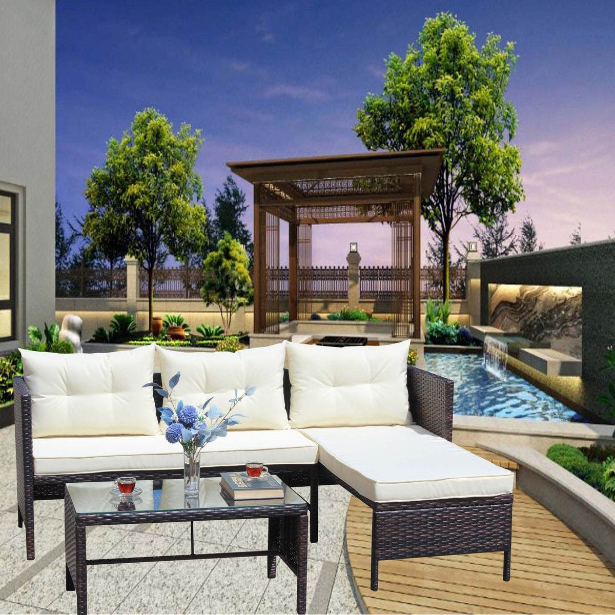 3-Piece Wicker Rattan Sectional Sofa Outdoor Furniture Set with Cushions - Brown/Beige