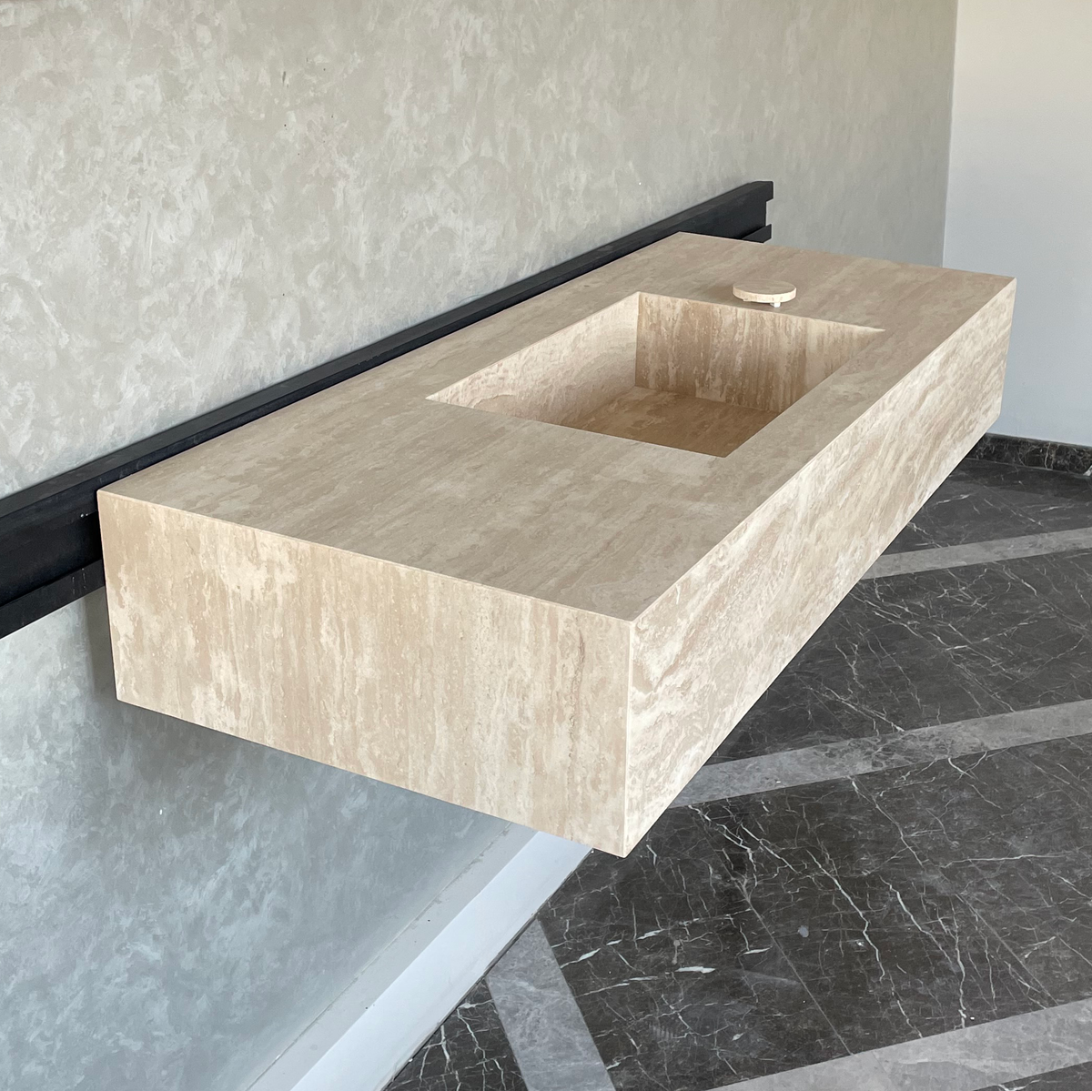 Handmade Vein Cut Travertine Sink: Custom Beige Bathroom Vanity (TR-094)