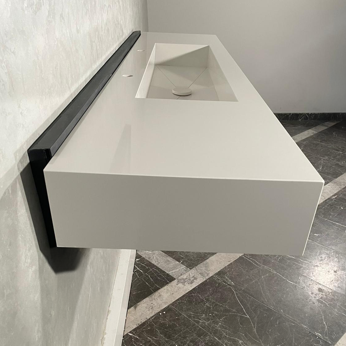 Custom White Quartz Large Bathroom Trough Sink: Wall Mount Vanity (QU-095)