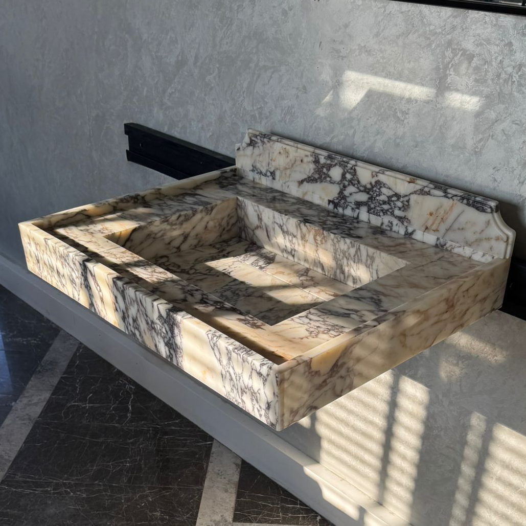 Handcrafted Calacatta Viola Marble Sink With Backsplash: Custom Bathroom Vanity (NS-065)