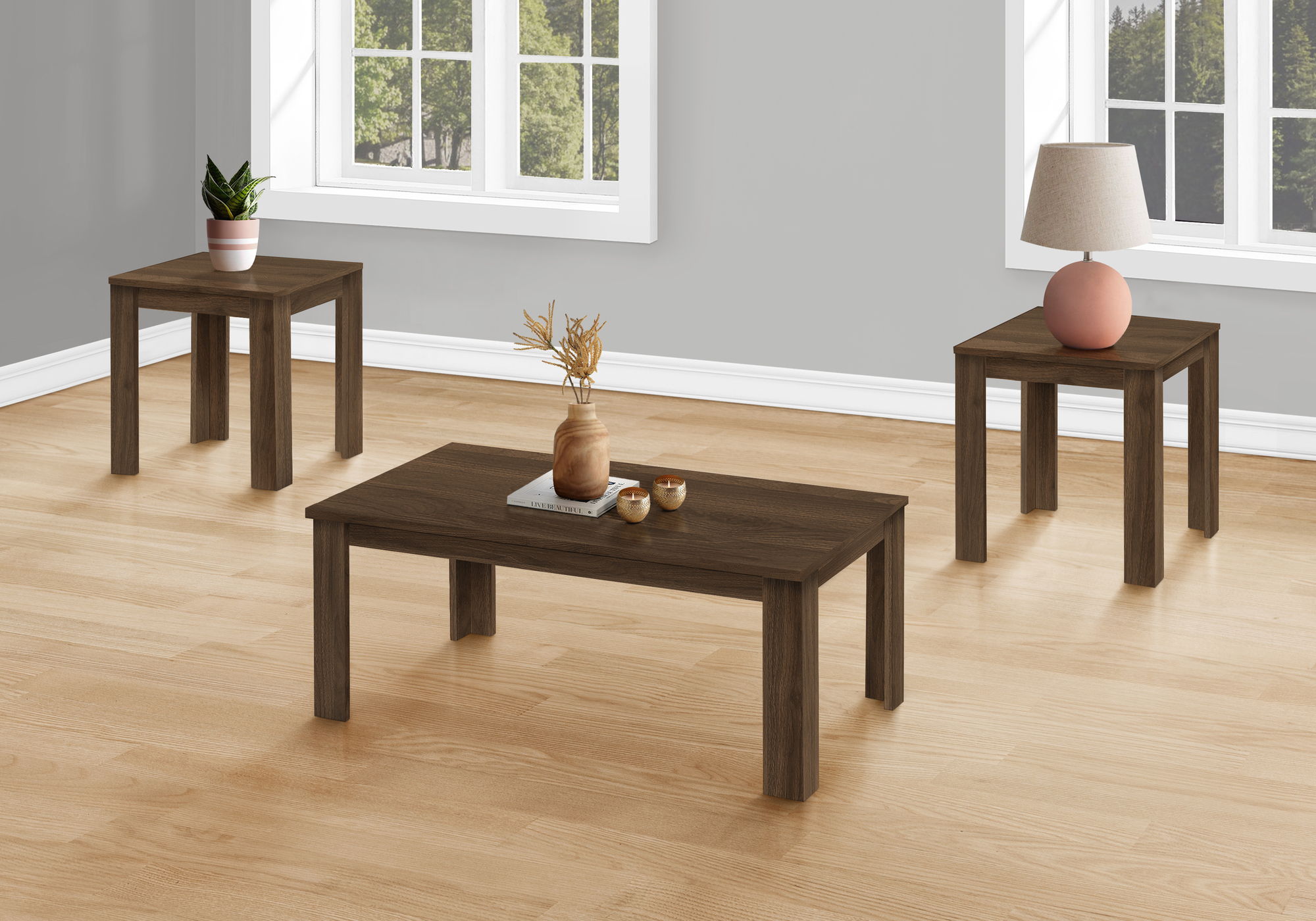 Transitional 3-Piece Table Set with Spacious Surface - Light Brown or Dark Brown