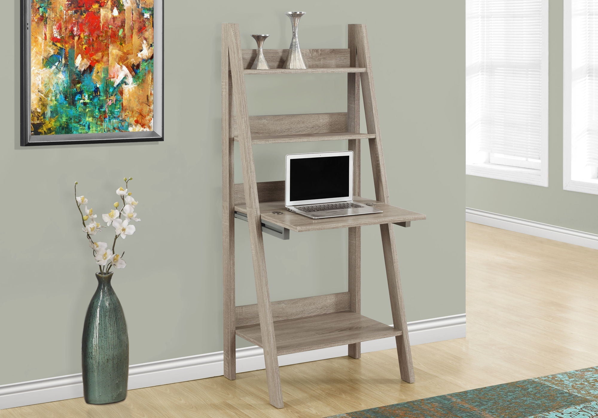 Computer Desk with Storage Shelves - Wood, Leaning Ladder Style - Dark Brown or Light Brown
