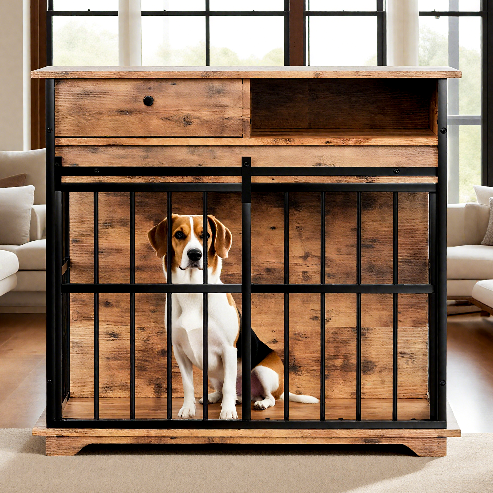 Dog Cage Furniture for Small Dogs with Modern Style - Black+Natural or Walnut+Black