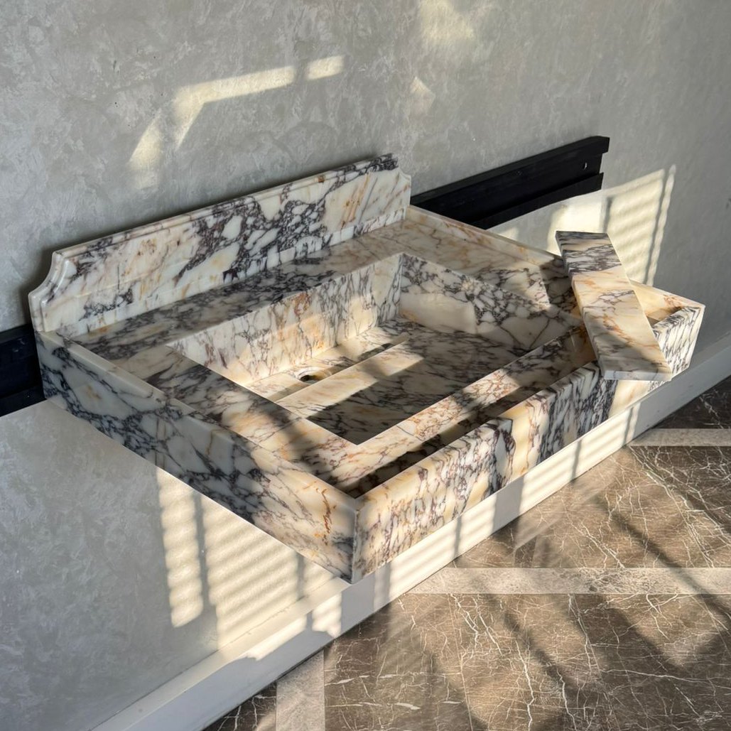 Handcrafted Calacatta Viola Marble Sink With Backsplash: Custom Bathroom Vanity (NS-065)