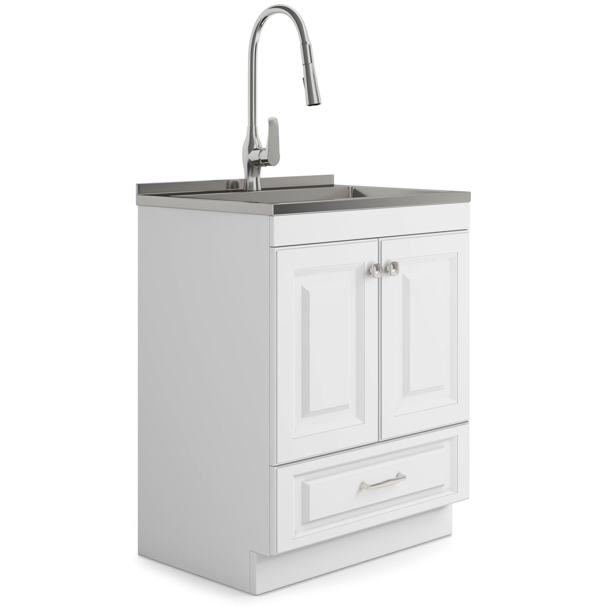 White Laundry Cabinet with Stainless Steel Sink and Pull-Out Faucet