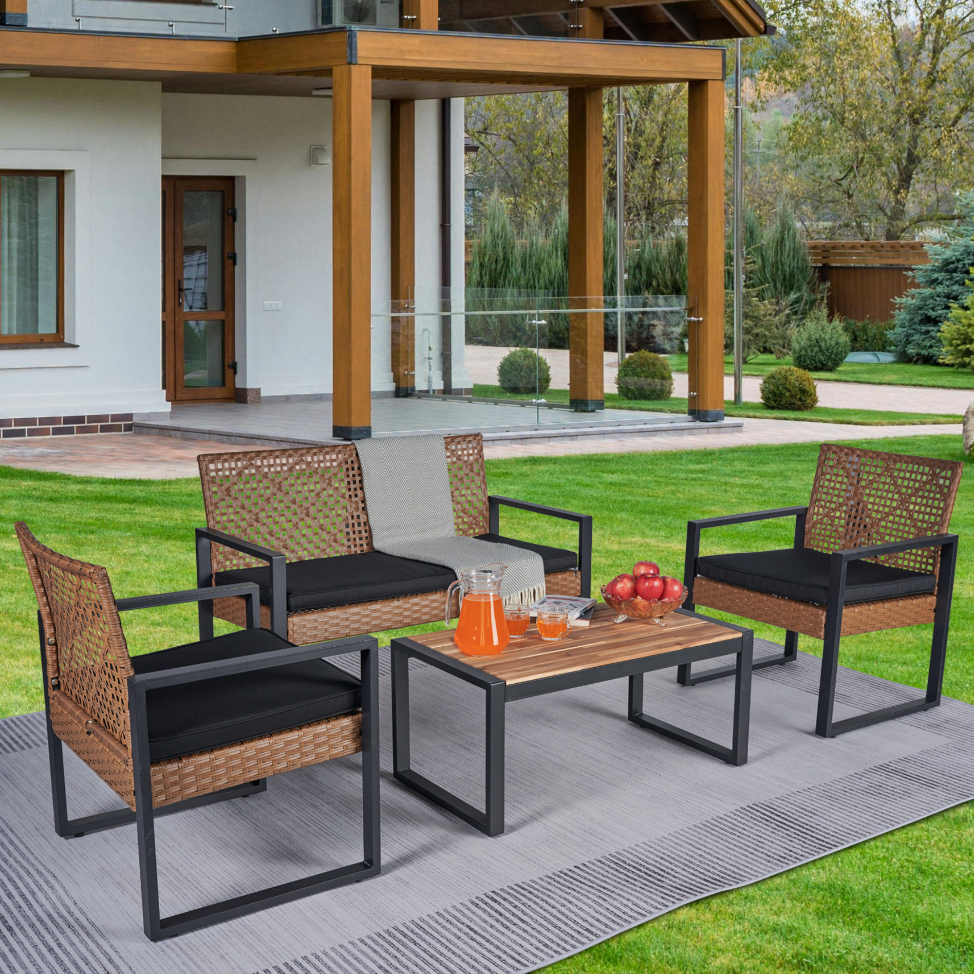 4-Piece Patio Furniture Set with Acacia Wood and Wicker - Brown or Light Brown