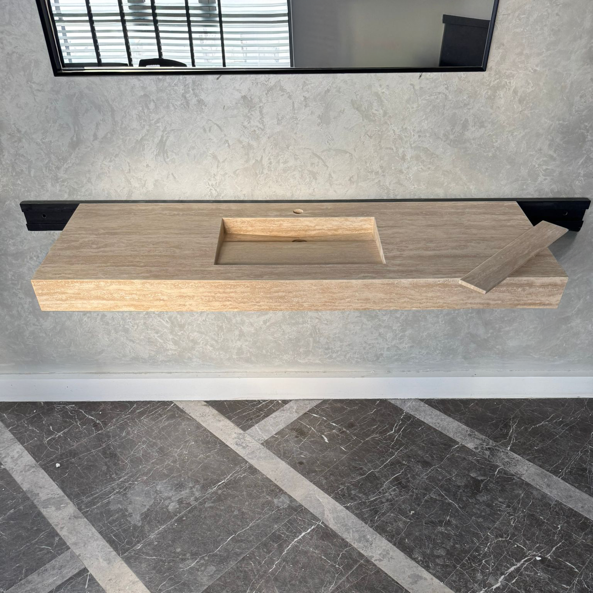 Vein Cut Travertine Ramp Sink | Handmade Natural Stone Bathroom Sink | Custom Modern Stone Basin (TR-085)