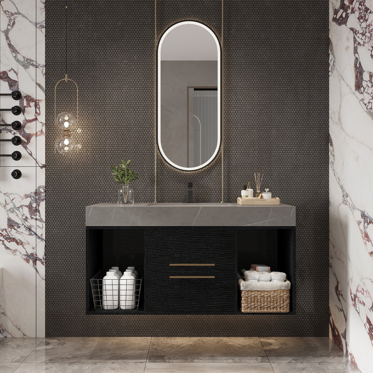 39.4-Inch Floating Bathroom Vanity with Faux Marble Top and Ceramic Sink - Black