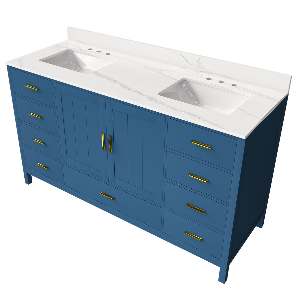 60" Solid Wood Bathroom Vanity with Double Sinks and Quartz Top - Blue