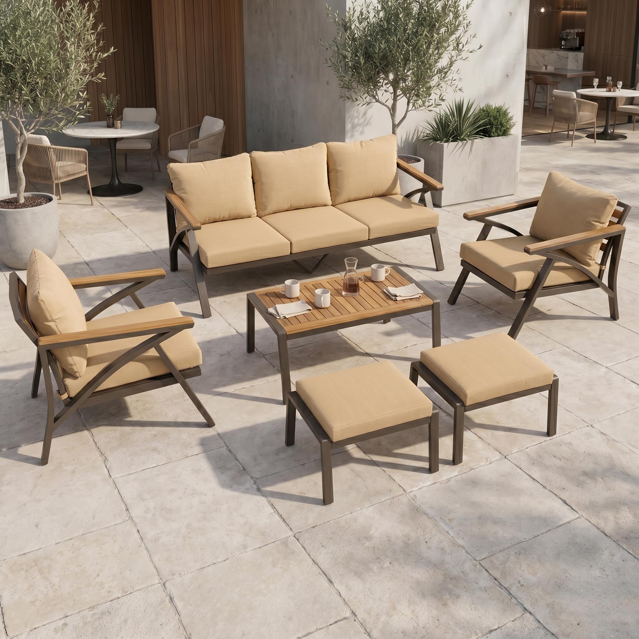 6-Piece Outdoor Patio Furniture Set with Steel Frame & Acacia Wood Table - Brown, Cream Beige