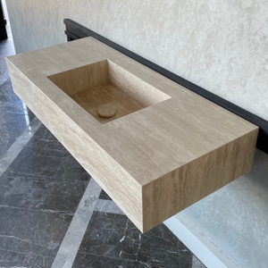 Handmade Vein Cut Travertine Sink: Custom Beige Bathroom Vanity (TR-094)