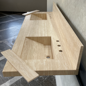 Handcrafted Vein Cut Travertine Sink: Custom Beige Bathroom Vanity (TR-117)