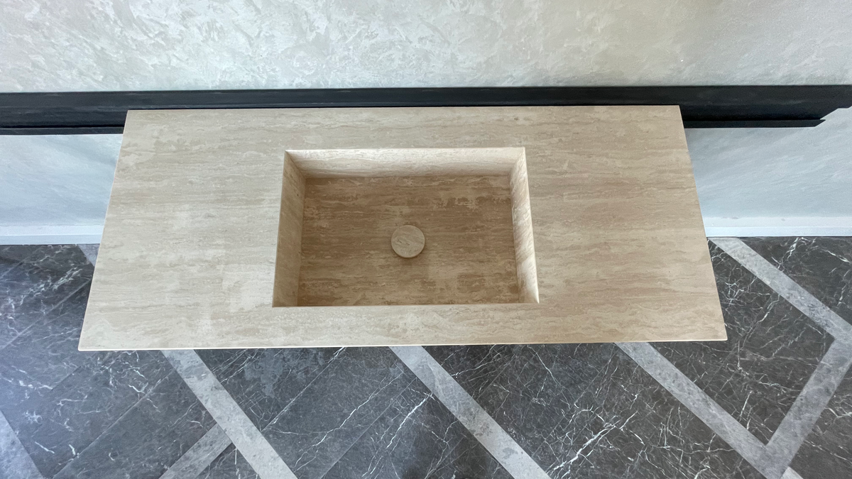 Handmade Vein Cut Travertine Sink: Custom Beige Bathroom Vanity (TR-094)