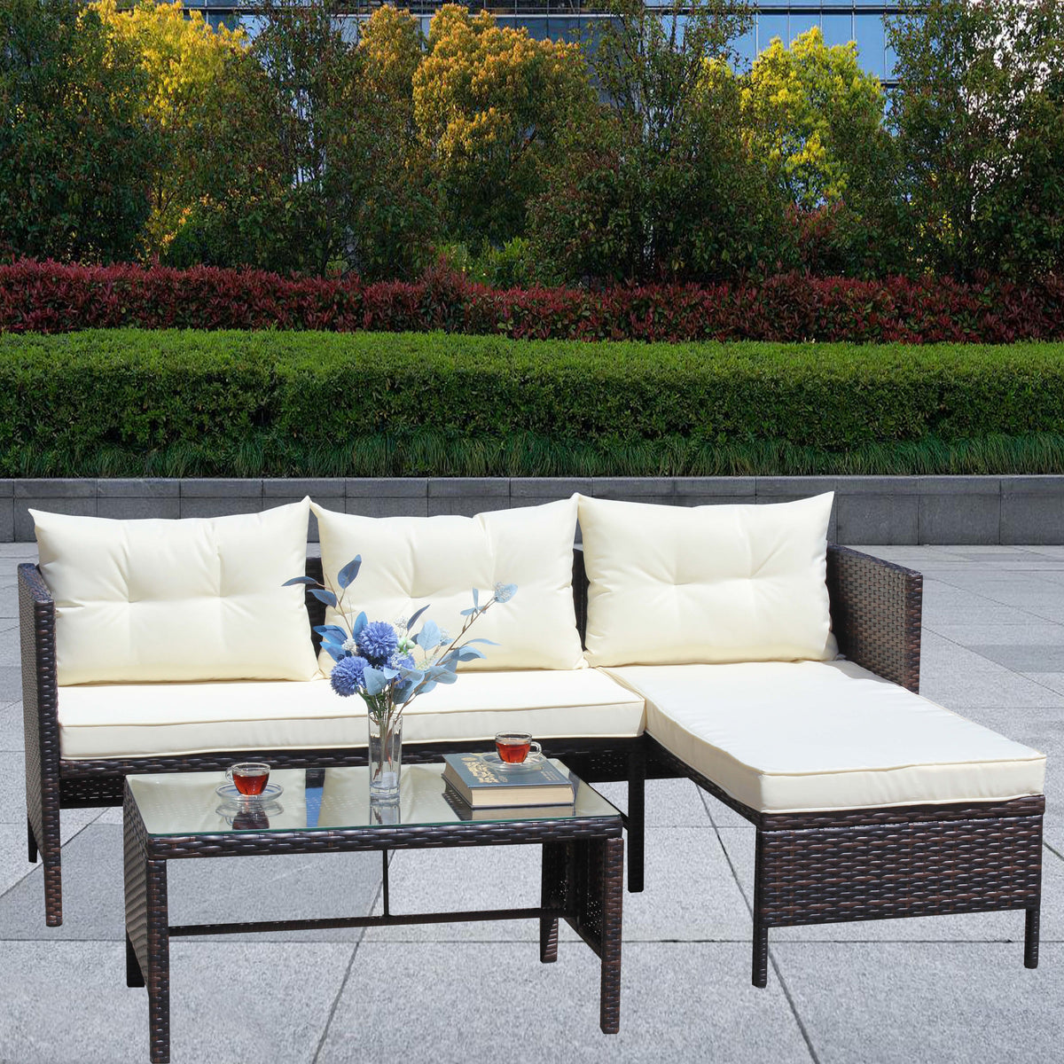 3-Piece Wicker Rattan Sectional Sofa Outdoor Furniture Set with Cushions - Brown/Beige