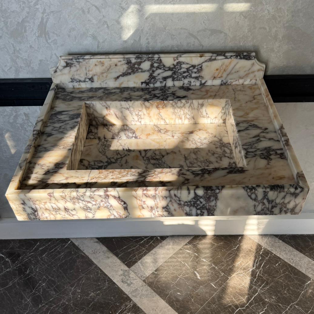 Handcrafted Calacatta Viola Marble Sink With Backsplash: Custom Bathroom Vanity (NS-065)