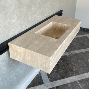 Handmade Vein Cut Travertine Sink: Custom Beige Bathroom Vanity (TR-094)